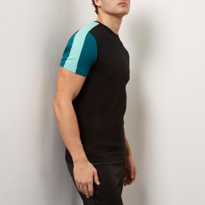 Black colour block muscle fit T-shirt